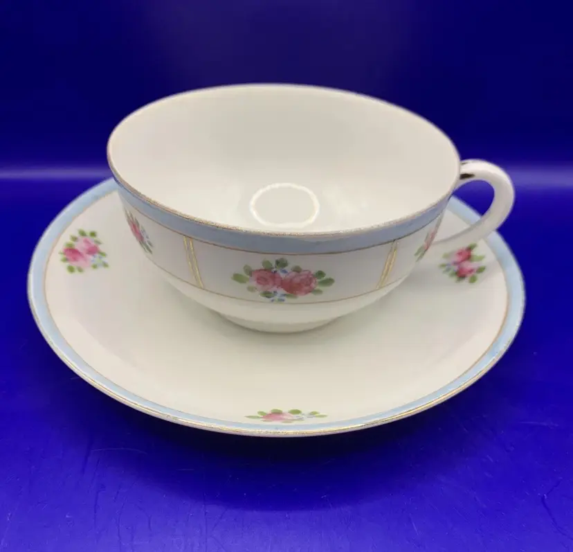 Nippon Hand Painted Pink Roses Teacup Saucer Blue Trim W/ Gold Thin Porcelain