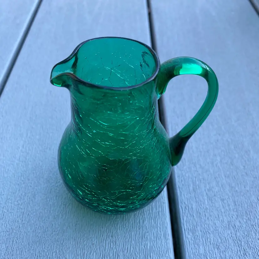 VINTAGE BLENKO CRACKLE GLASS PITCHER WITH GREEN HANDLE