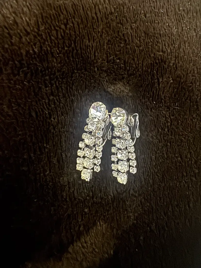 Vintage-style silver-tone metal and crystal rhinestone Clip On fringe drop dangle earrings