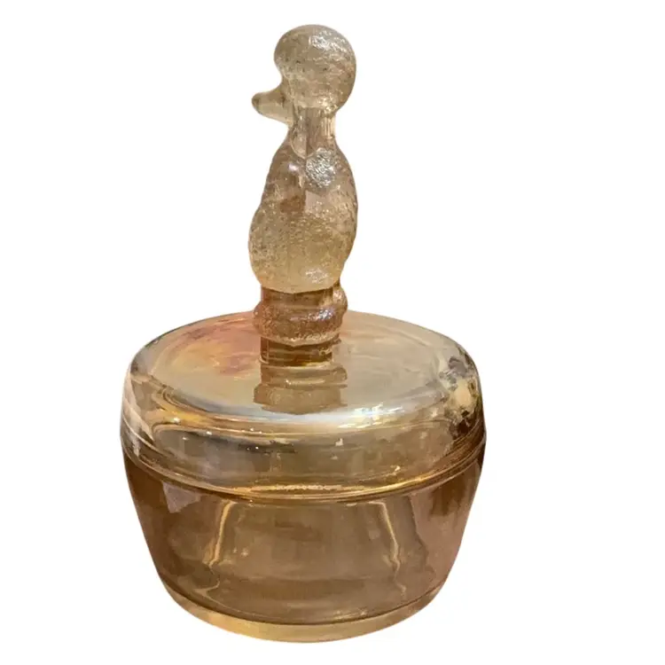 Jeannette Glass Marigold Carnival Glass Poodle Powder Jar 6” X 3 3/4” Heavy Item