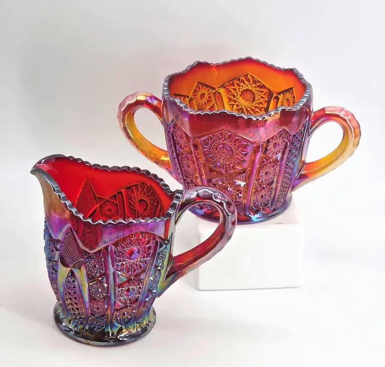 Indiana Glass Red Heirloom Iridescent Carnival Glass Cream & Sugar