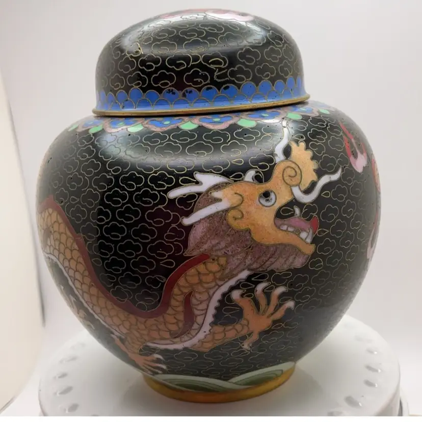 VTG Cloisonne Dragon Ginger Jar 4”