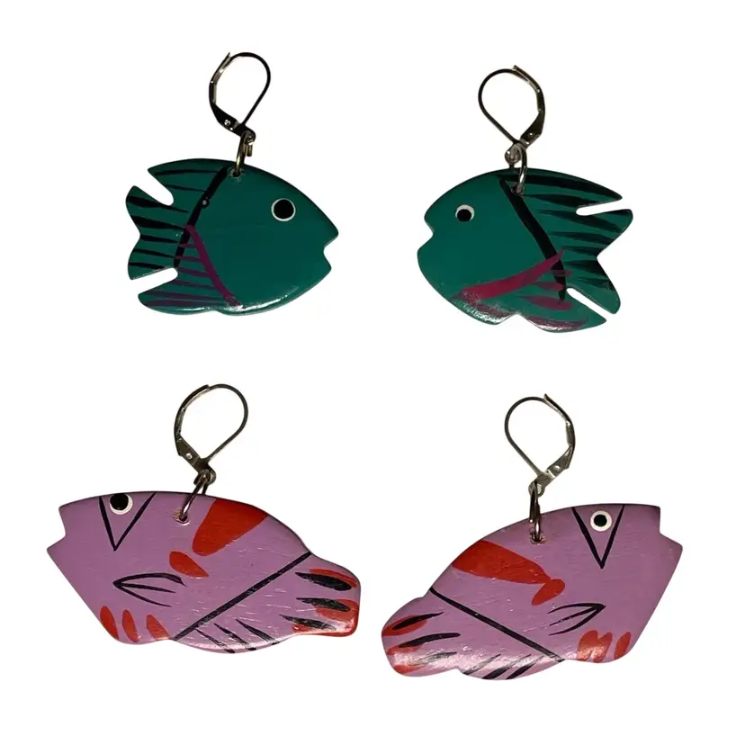 Handmade Jewelry Lot of 2 Funky Colorful Hand Painted Fish Earrings - Teal & Purple