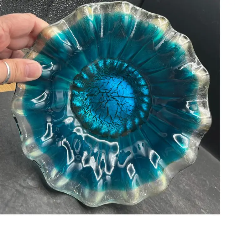 #522B Vintage Hand Made Fused Art Glass Bowl With A Ruffled Edge Ocean Blue With Copper On Bottom.