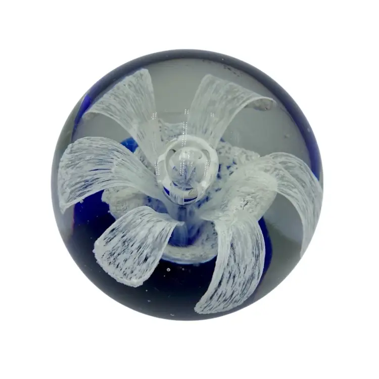 Vintage Dynasty Heirloom Art Glass Paperweight,  White Lattice Flower over Cobalt