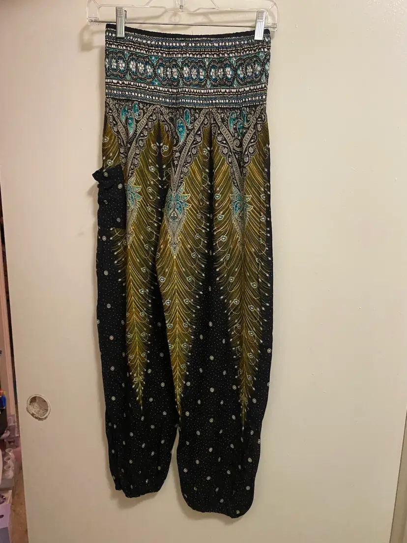 Boho Vib Womens Harem Pants S Small Peacock Paisley Bohemian Brown & Blue