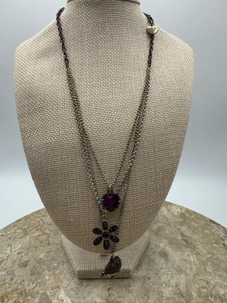 # 6 Betsey Johnson NECKLACE Monkey Flower Heart PURPLE Gold Tone Silver Tone Purple Tone Metal 18” W/ 3” Extender
