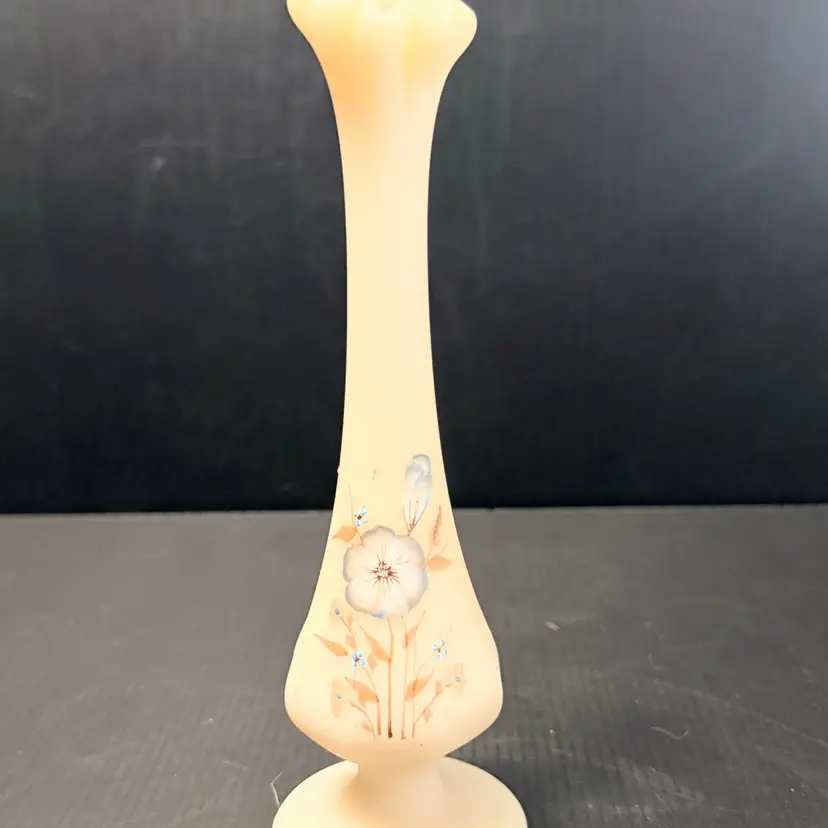 Fenton Satin Glass Swung Vase Flower Blue Pansies Hand Painted Lisa G 8"