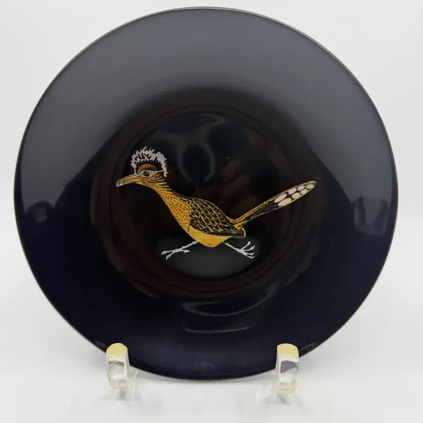 Vintage Couroc of Monterey Bowl Dish Roadrunner Black w/Inlay MCM 8”