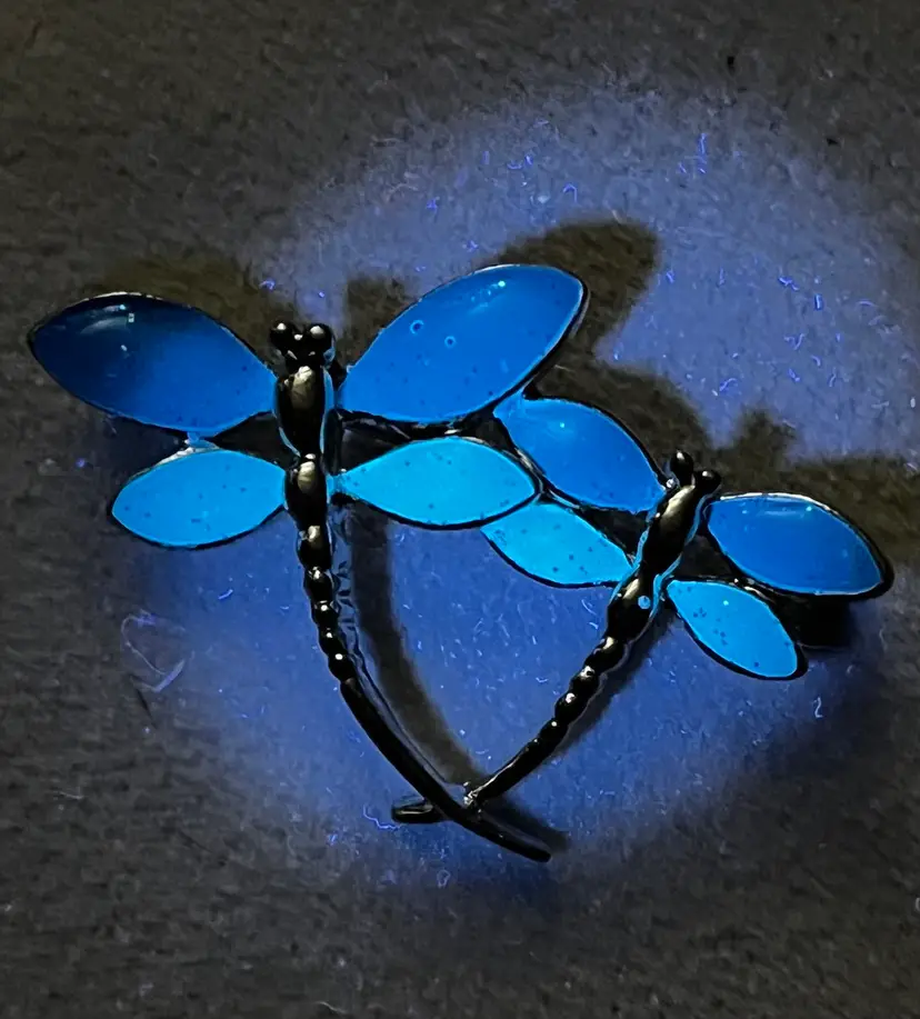 Glowy Double Dragonfly Silver Tone Blue Green Enamel Pin Brooch, Mom & Babe