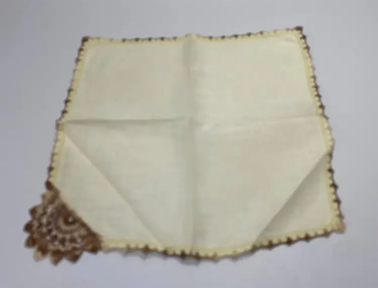 Vintage Brown Embroidered Edge Floral/Sun Corner Accent Handkerchief 10.50" x 11"