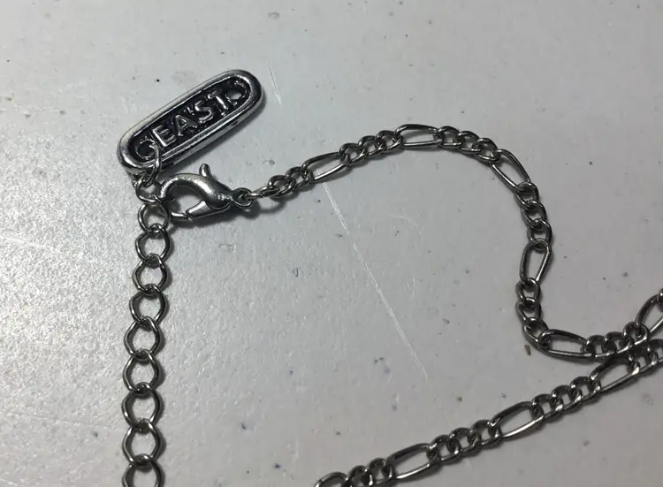 East brand necklace, blue, thermoset moonglow beads silver tone Figaro chain 18"