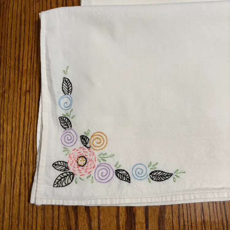 15- 2 Pair Of Vtg Hand Embroidered Muslin Curtain Panels