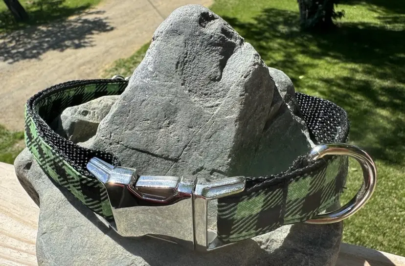 Dog Collar Plaid Green Large Handmade Heavy Duty Metal Buckle NEW