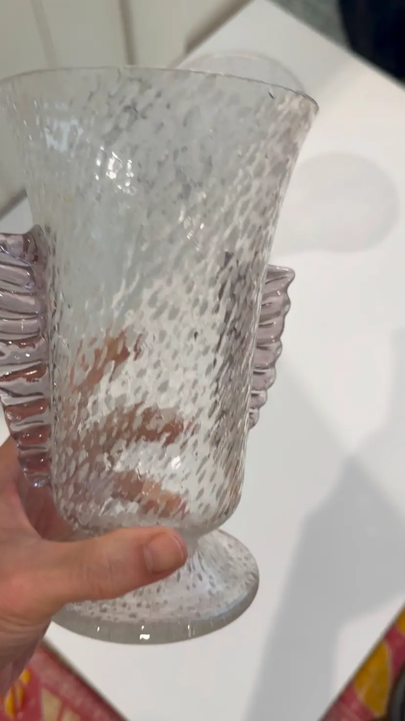 Pair of vintage textured clear glass vases with purple wing-like handles