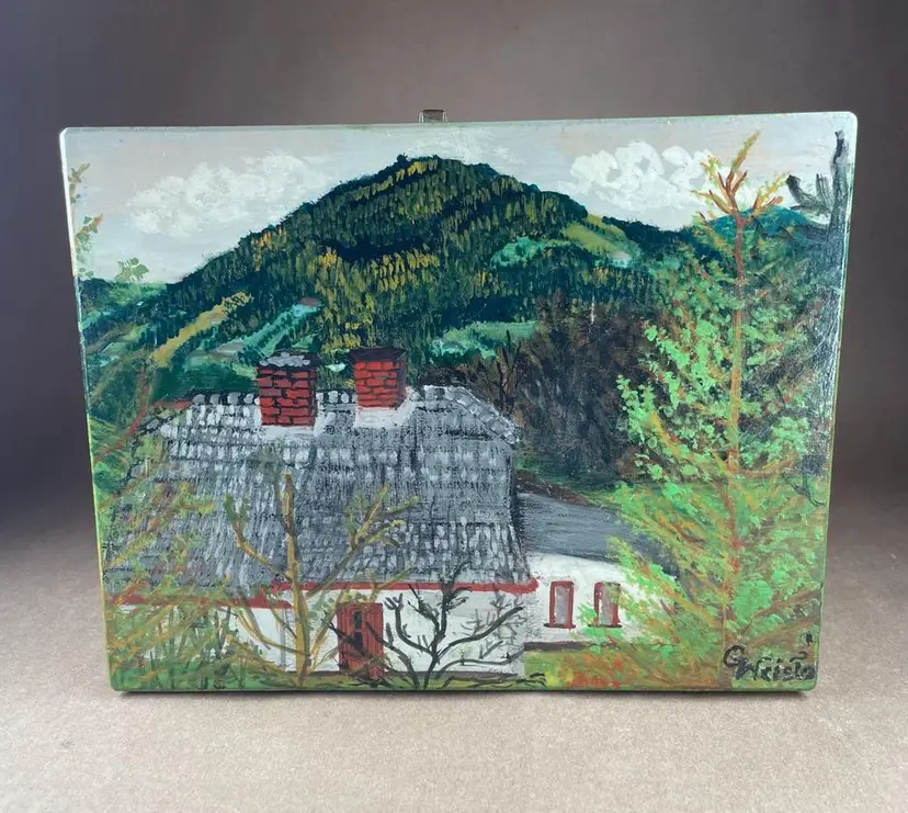 Hobbyist Folk Art Signed Hand Painted Wooden Trinket Keepsake Hinged Lightweight Box