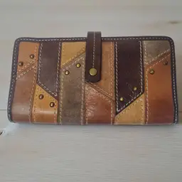 Fossil Patchwork Leather Suede Snap Clutch Wallet Boho Hippie Western Brown Vtg