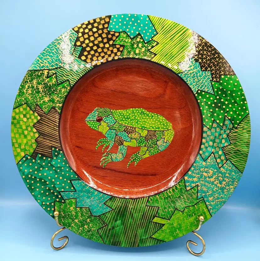 Folk Art Bosco Hand-Painted Wooden Charger Featuring A Frog In Mozaic Style, 13.5"