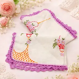 Vintage Hand Embroidered Linen LavenderCrochet Trim Dresser Scarves - Set of 2