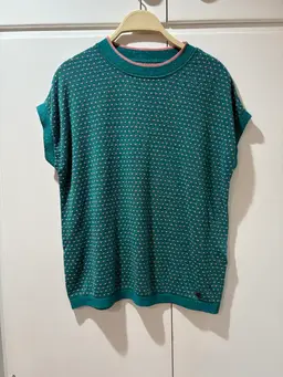 Anthropologie Numph Short Sleeve Top/Sweater Green / Metallic Pink Polka Dots XS