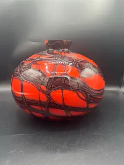 Vintage Kralik Czech Tango Bohemian Glass Black-Purple & Red-Orange Web Vase 8"