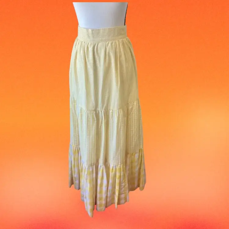 Vintage 1970s Yellow Gingham High Waisted Maxi Skirt