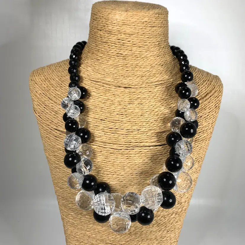 3D Bauble Plastic Bead Necklace Black Clear Statement Adjustable Fashion Vintage