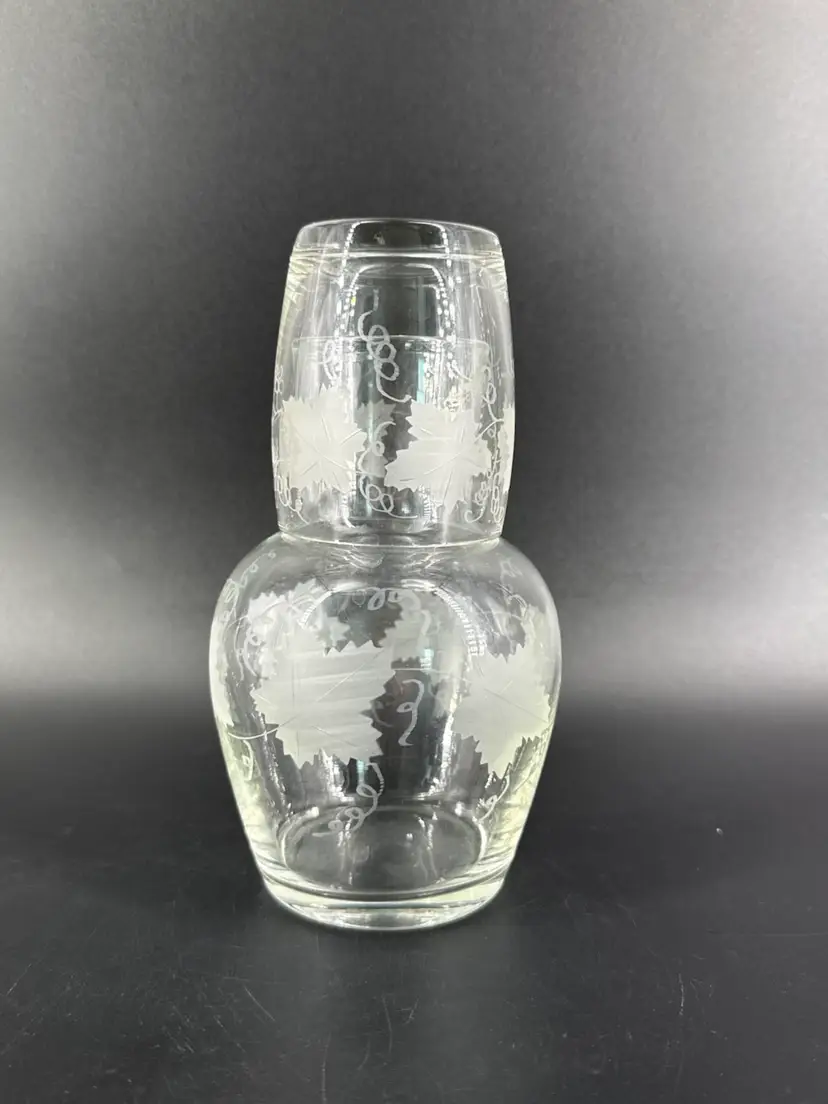 Clear Glass Tumble Up Bedside Water Carafe Frosted Leaf Pattern
