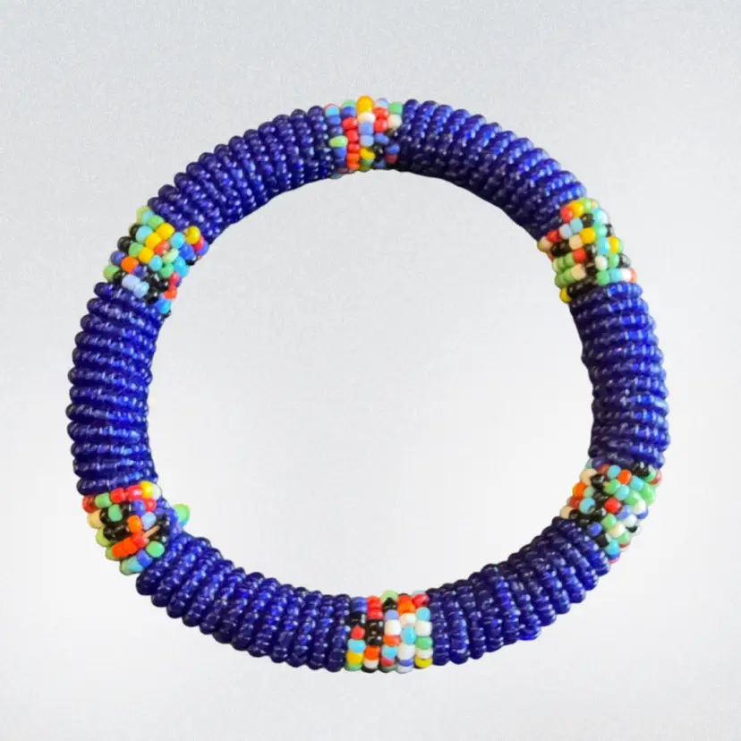 Handmade African Royal Blue Glass Seed Bead On Leather Bangle 2.75” Inner Diameter