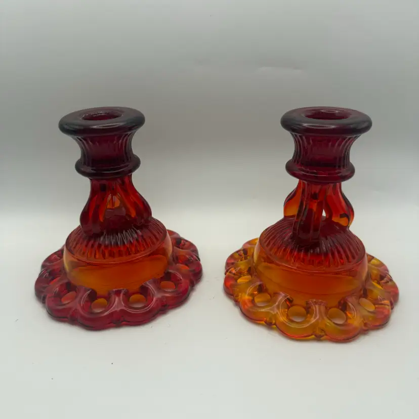 Westmoreland Amberina Doric Lace Candlestick Holders