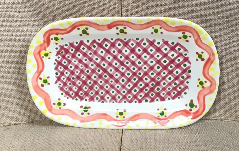 Whimsical Art Pottery Checkered Vegetable Platter Celery Dish Artist Signed