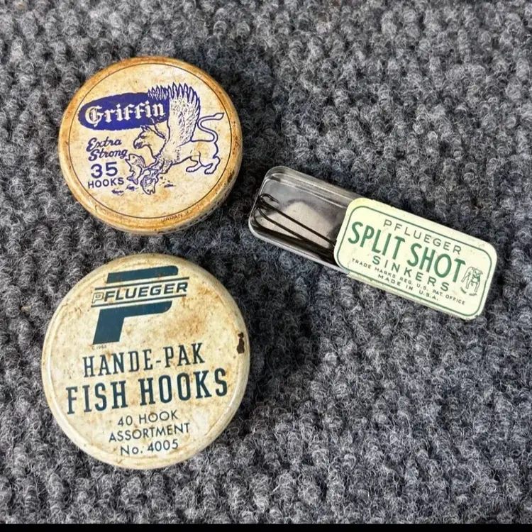 Vintage Advertising PFLUEGER Hande-Pak Fish Hooks Sinkers Tin Griffin Extra Strong Lot 193
