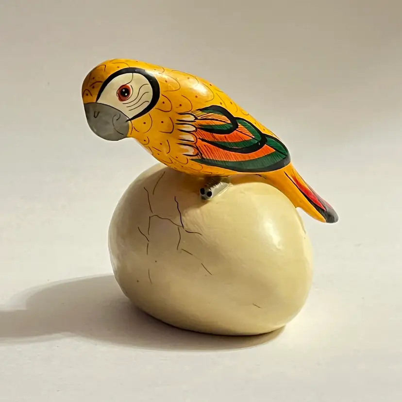 Mexican Ceramic Parrot on Hatching Cracked Egg Tonala Mexico Folk Art 4¼"L x 4"H