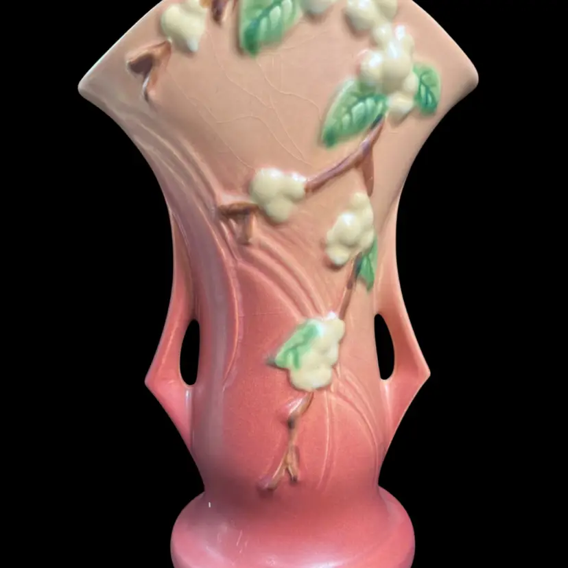 Roseville Pottery-USA-#1V2-9-Snowberry Vase Pink w/ White Blossoms, & Handles