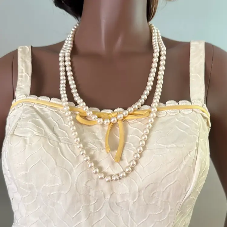 Vintage Flapper Length 54” Hand Knotted Glass Pearls, Pat Pend. GoldTone Filigree Clasp