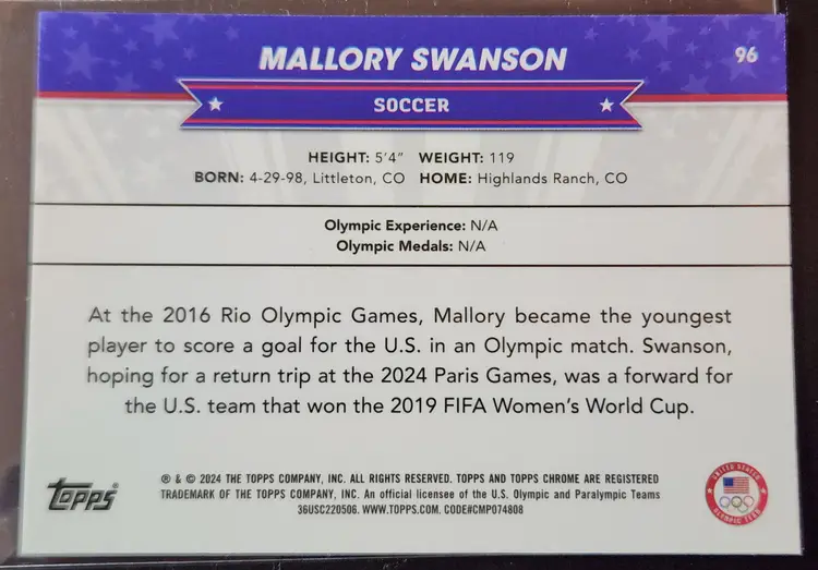 2024 Topps Chrome Olympics Mallory Swanson Blue Refractor /150