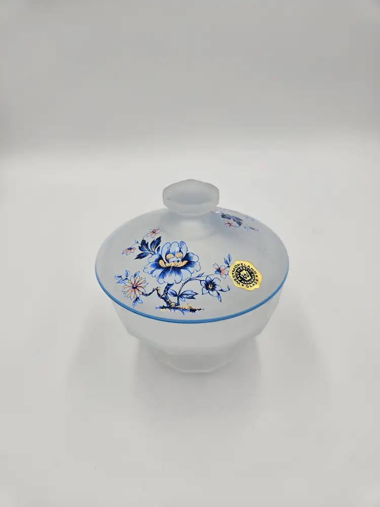 #TR50 Westmoreland Satin Blue Floral Round Lidded Dish