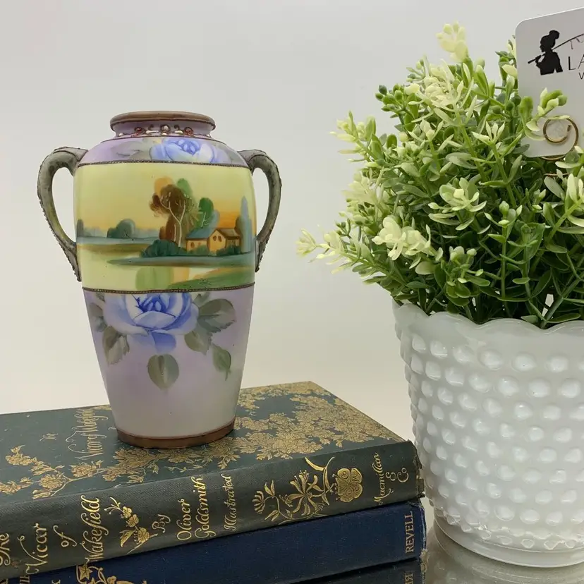 Nippon Hand Painted Double Handle Vase Beaded Accent Landscape Flowers 