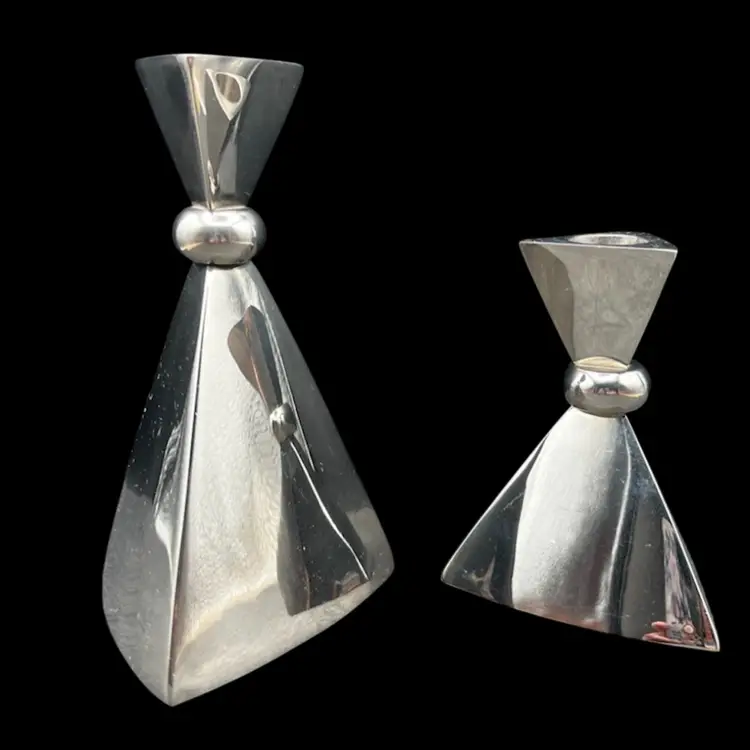#241B Vintage Graduated Pair Of Triangular/Pyramid Shaped Polished Chrome Candleholders Sleek MCM Style. 4” And 6”