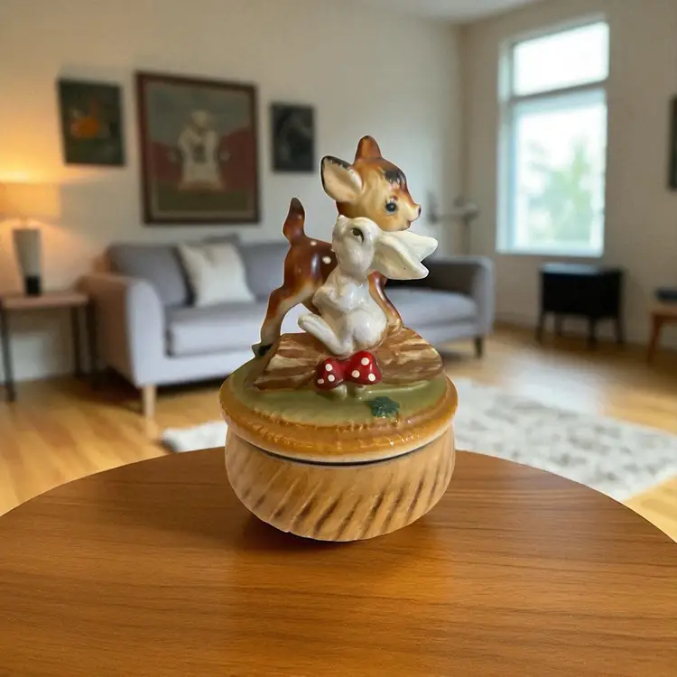 Vintage Deer & Bunny Rotating Music Box