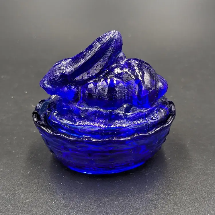 Vintage Cobalt Blue Glass Mini Bunny on Nest
