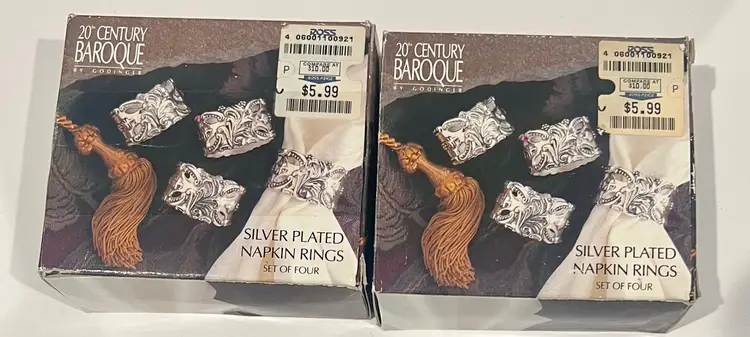 Set of 8 Vintage 1993 Godinger Silver Plate Napkin Rings 20th Century Baroque