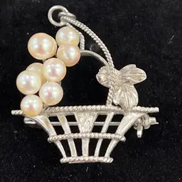 Handmade Sterling Silver Brooch Pendant Pin Akoya Pearl Basket MCM Stamped EUC