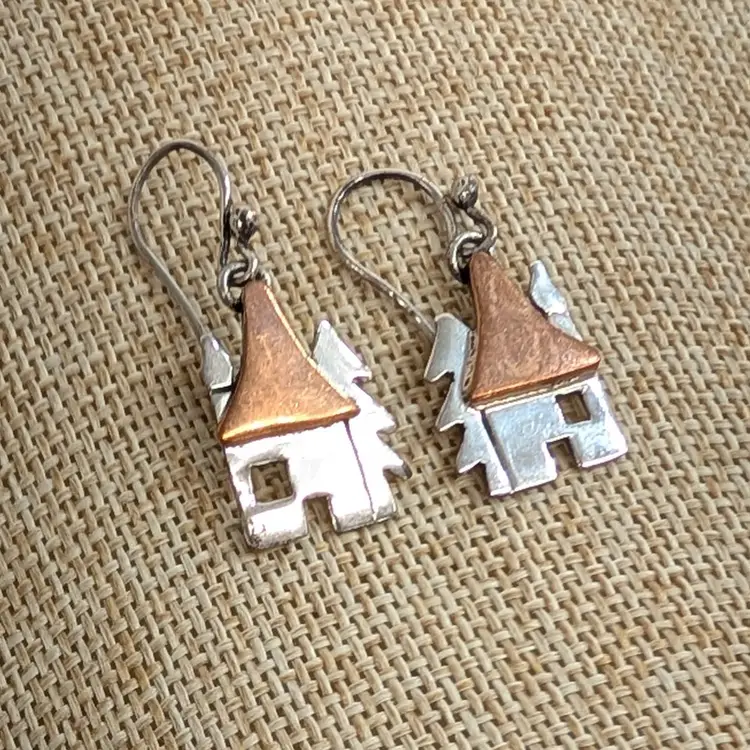 Vintage Anne Harvey House Tree Earrings Artisan Sterling 925 Copper Mexico Hook