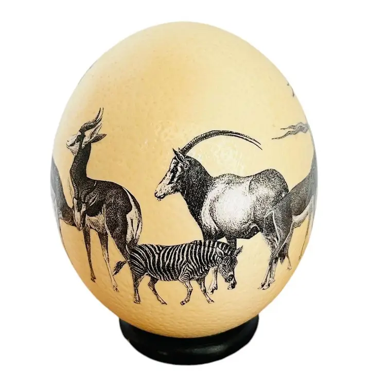 PAINTED OSTRICH EGG WITH AFRICAN WILD ANIMALS & STAND GIRAFFE