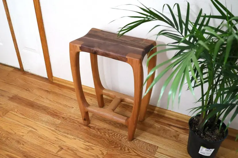 Bar Stool | Hand Carved Walnut and Alder Wood | Counter Height Stool 25" | Artistic Functional Stool