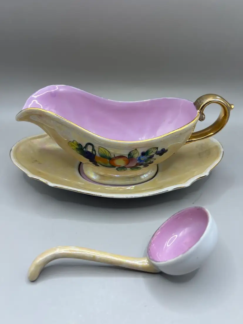 Lusterware Gravy Boat Dish With Under Plate And Spoon Japan