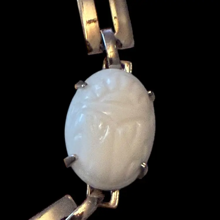 Carved Scarabs Milk Glass Bracelet 8”