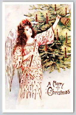 Postcard A Merry Christmas Greeting Angel Hanging Bell on Tree Candles - 14785