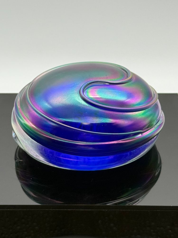 Anton Intaglio Extra Large Iridescent Swirl Art Glass Paperweight Signed
